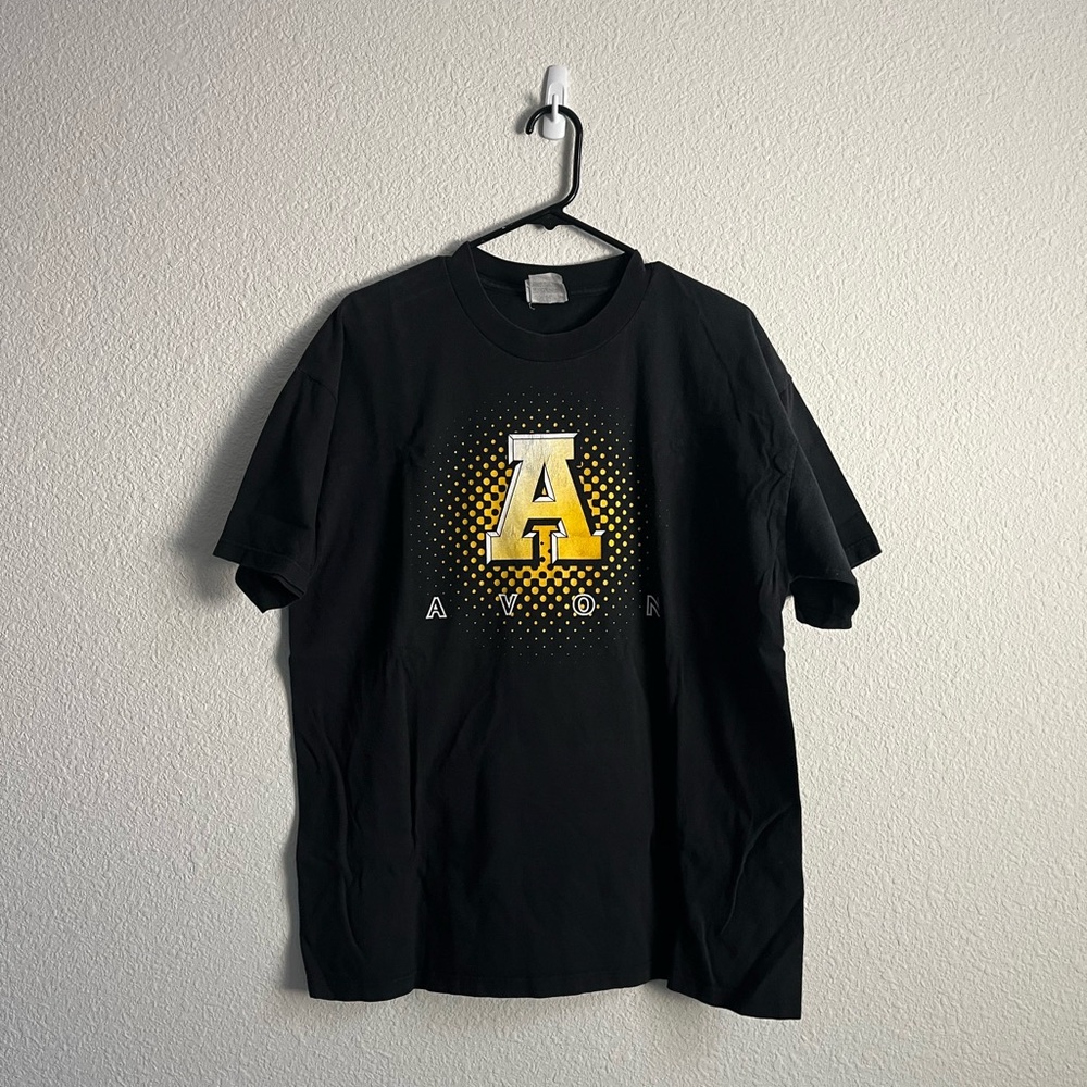 Avon jerzees Black T-Shirt with Yellow Graphic